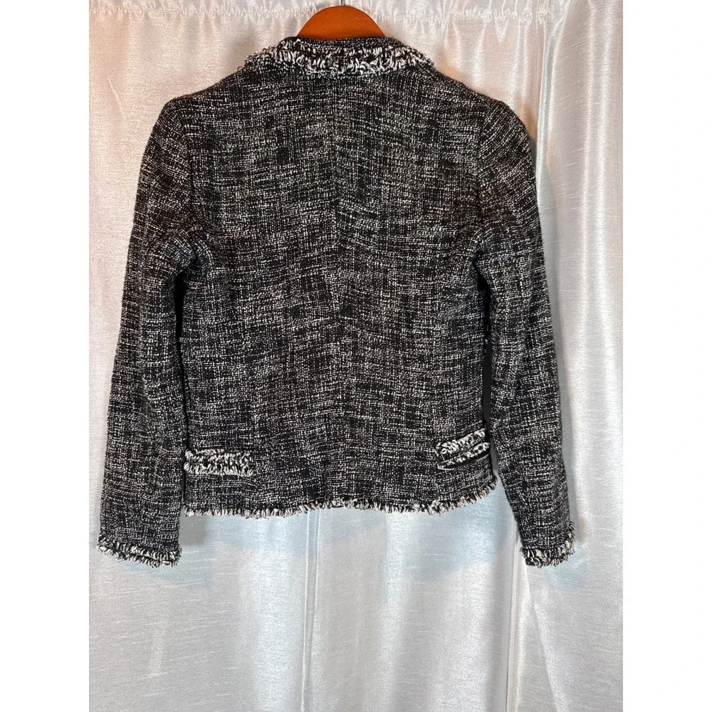 Massimo Dutti Tweed Cropped Blazer Jacket Black White Fringe Women US‎ 4 EUR 36